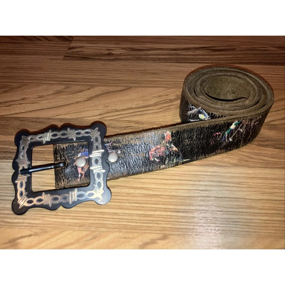 VINTAGE men's leather Belt Cowboy Decor Distressed riding horses, riding bull 36